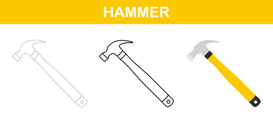 Hammer tracing and coloring worksheet for kids