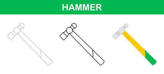 Hammer tracing and coloring worksheet for kids