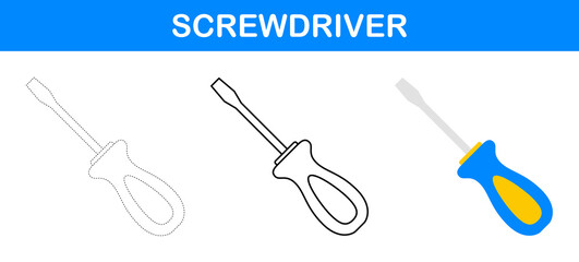 Screwdriver tracing and coloring worksheet for kids