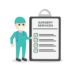 surgeon with surgery services clipboard design character on white background