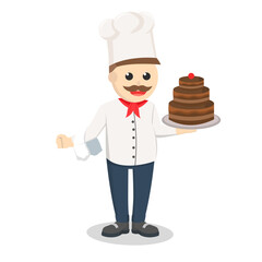 chef holding cake in plate design character on white background