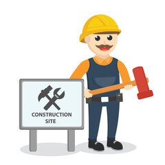 construction worker holding hammer beside sign design character on white background