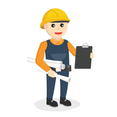 construction worker holding papers and clipboard design character on white background