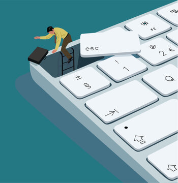vector illustration of a man running away from the keyboard