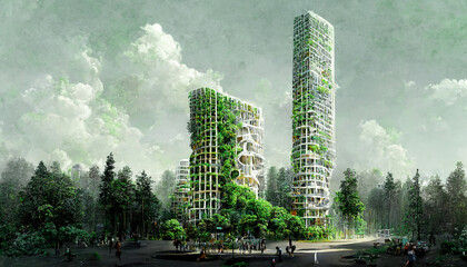 Spectacular eco futuristic cityscape abundant in vegetation features city buildings and green park, forest. Green garden in modern city and society. Digital art 3D illustration. Grey and livid tone.