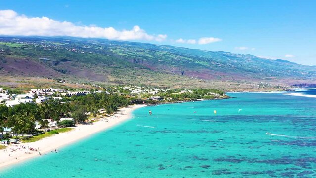 Aerial view of kitesurfing at Plage de la Saline, Reunion Island.