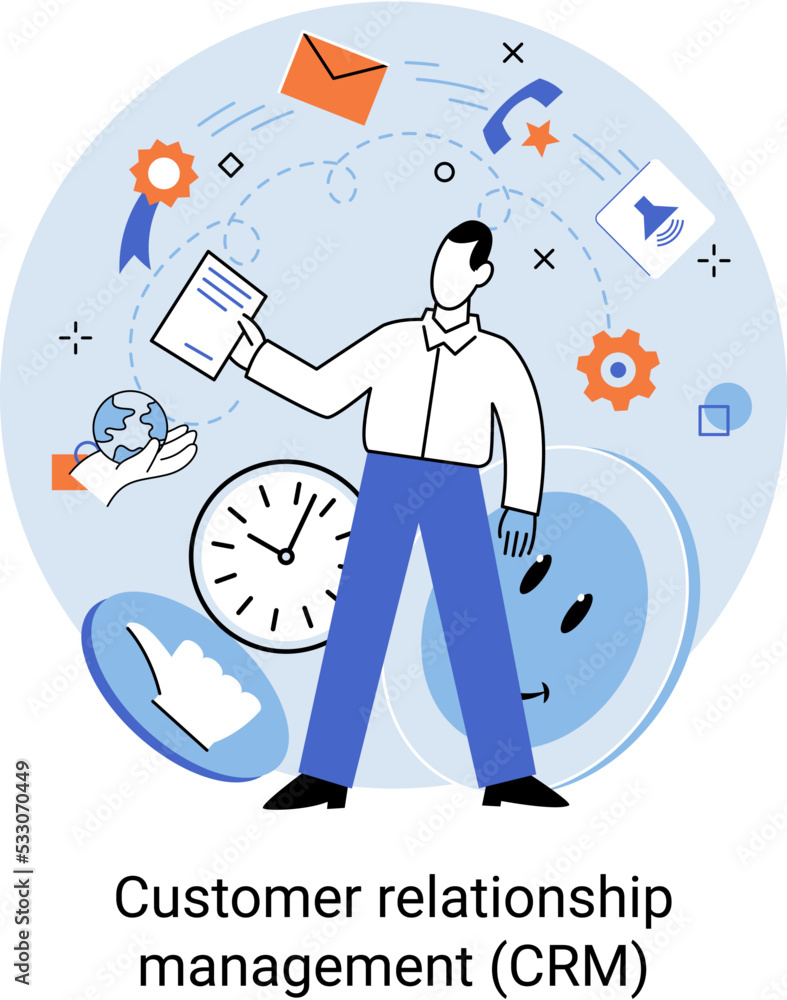 Poster crm metaphor. customer relationship management. application software for organizations automatisatio