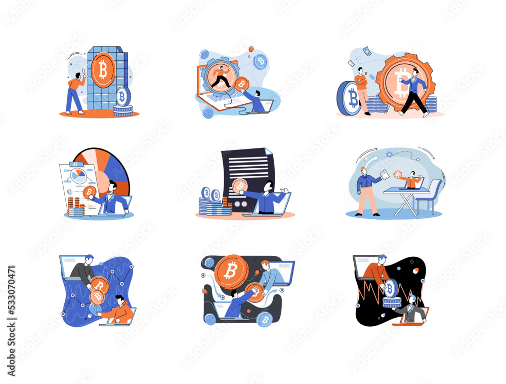 Poster cryptocurrency bitcoin mining metaphor blockchain exchange platform. cyber banking procedures, bitco