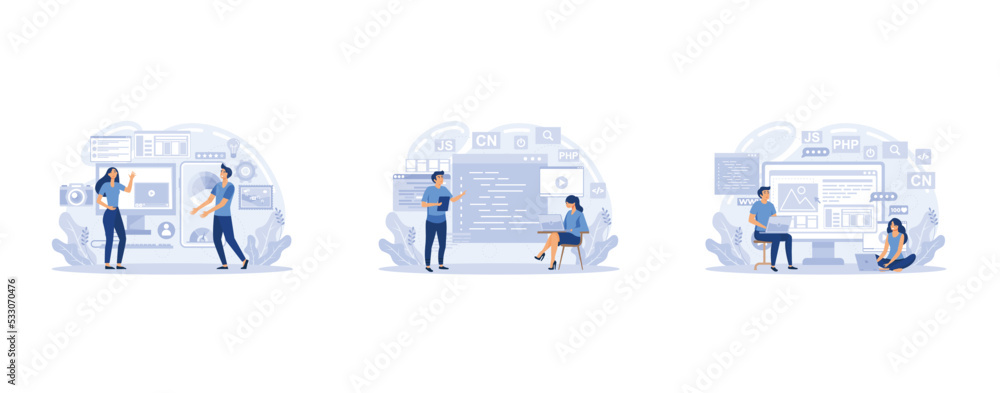 Poster mobile application development process, creative concept website interface, digital app banners with