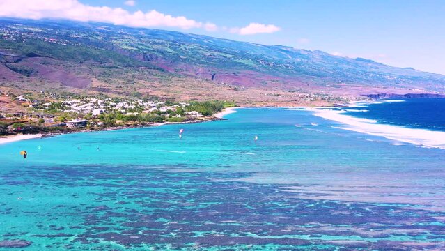 Aerial view of kitesurfing at Plage de la Saline, Reunion Island.