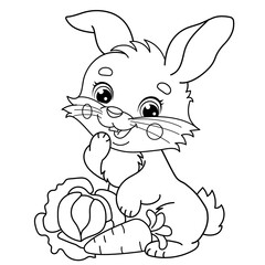 Coloring Page Outline Of cartoon cute bunny or rabbit with carrot and cabbage. Animals. Coloring Book for kids.