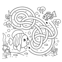 Maze or Labyrinth Game. Puzzle. Tangled road. Coloring Page Outline Of cartoon fishes. Underwater world. Coloring Book for kids.