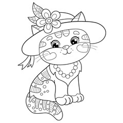 Coloring Page Outline Of cartoon cute kitty or cat in a fashionable hat. Coloring Book for kids.