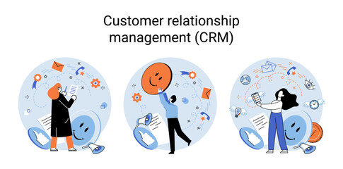 CRM metaphor. Customer Relationship Management. Application software for organizations automatisation of customer interaction strategies to increase sales, optimize marketing, improve customer service