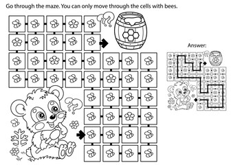 Maze or Labyrinth Game. Puzzle. Coloring Page Outline Of cartoon little bear cub with barrel of honey. Coloring book for kids. © oleon17