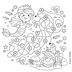 Maze or Labyrinth Game. Puzzle. Coloring Page Outline Of cartoon beautiful little mermaid. Marine princess. Underwater world. Coloring book for kids.