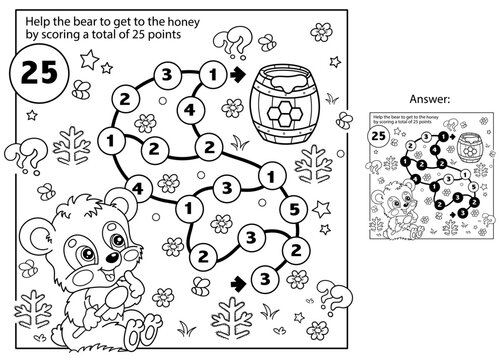 Math addition game. Puzzle for kids. Maze. Coloring Page Outline Of cartoon little bear cub with barrel of honey. Coloring Book for children.
