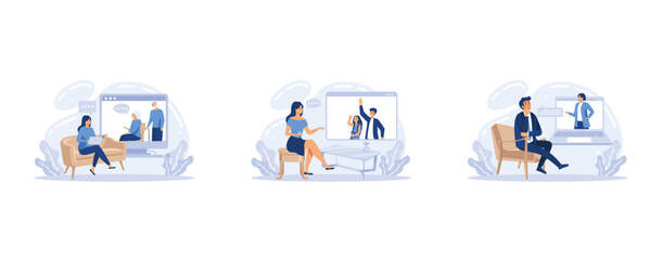 Fototapeta premium Online psychologist therapy set of people getting distance psychological consultation, Professional psychiatrist, set flat vector modern illustration