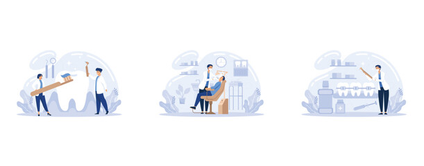 Dentist web banner or landing page set. Dental doctor in uniform treating human teeth using medical equipment. Idea of dental and oral hygiene, set flat vector modern illustration