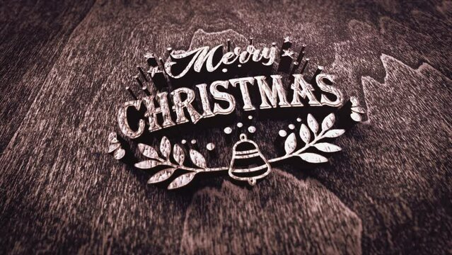 Merry Christmas glittering text 3D wood texture  cinematic title. Ending cover for end scence trailer winter snow, Christmas and New year event background