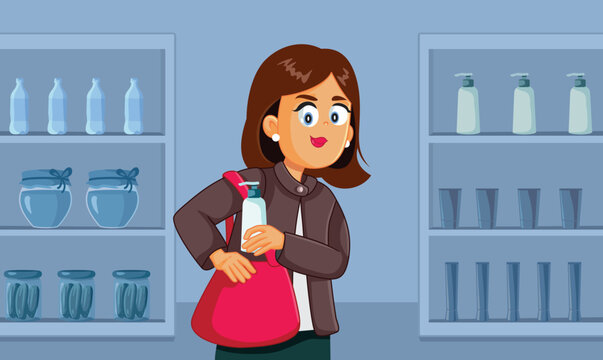 Kleptomaniac Woman Stealing from Supermarket Vector Cartoon Illustration. Lady shoplifting a cosmetic product from a general store

