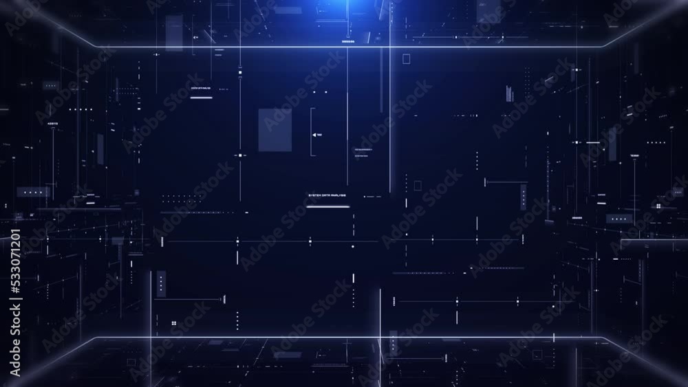 Poster HUD futuristic UI viewfinder frame template scifi technology data transferring concept 4K loop motion. AI analytic simulation background.