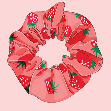 hair scrunchy in pink with strawberry pattern satin silk.