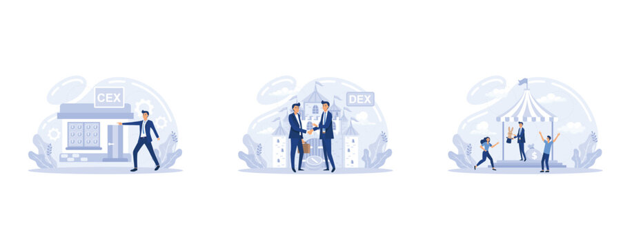 ICO , IEO, IDO metaphor. Investment funds. Blockchain ICO. Pre-sale Ventures. Initial coin offering. Investing at initial stage. ICO tokens. IT startup crowdfunding, set flat vector modern illustratio