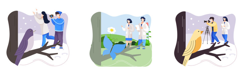Observation of animals in wild. Ecologists scientists conduct research, take care of fowl and nature. Researcher study flora fauna and environment. Professional ecological activist photographing bird