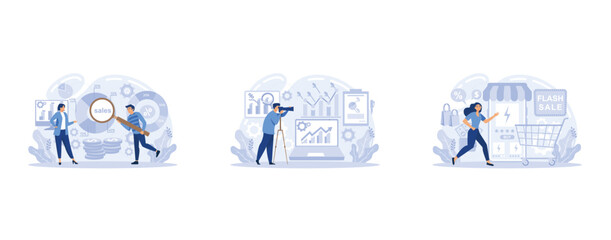 Flash sale online, sales index, forecast of future sales, special offer, e-commerce shop promotion, business statistics, performance abstract metaphor, set flat vector modern illustration