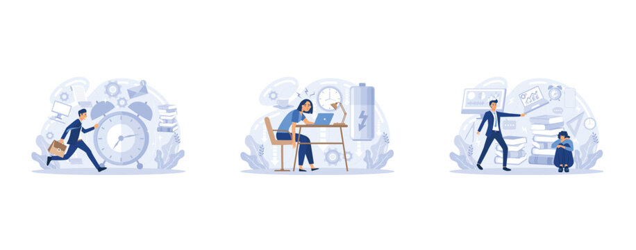 Stressed characters workload, deadline. Exhausted employees distressed with job. Work fatigue and stress concept. Owerworking people, workaholics with emotional disorder metaphor, set flat vector mode