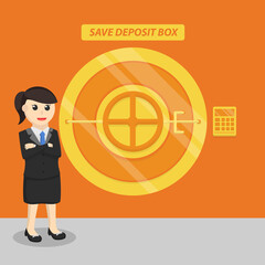 business woman secretary entrepreneur and money safes design character on white background