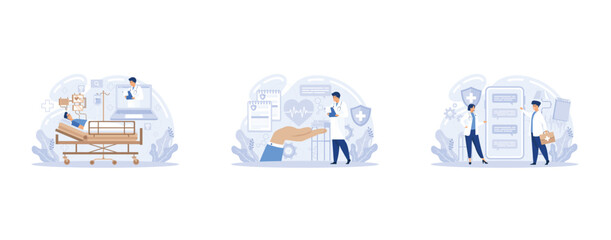 Mobile medicine mhealth online doctor, online medical services, health care program, talk to doctor from anywhere. Smartphone with medical application, set flat vector modern illustration