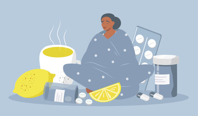 vector illustration on the theme of common cold, treatment in flat style