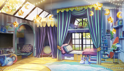 Game Art Fantasy interior bedroom design with summer beach and winter star theme in the morning, Turn on the light,  Digital CG Artwork, Vtuber background, Anime background	
