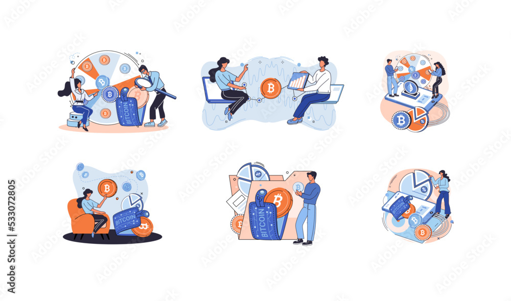 Poster cryptocurrency bitcoin mining metaphor blockchain exchange platform. cyber banking procedures, bitco