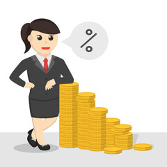 business woman secretary leaning in gold coins pile design character on white background