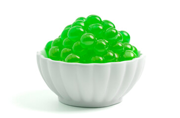 A Bowl Filled with Popping Boba on a White Background