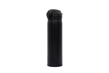 Black thermos mug closeup isolated on white background