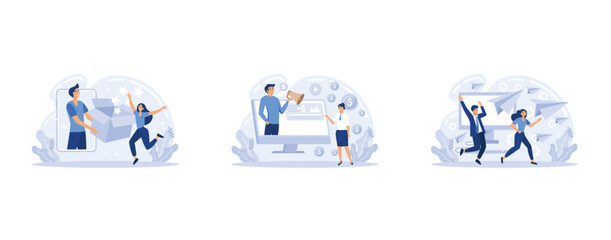 Impression management, promote your business, entrepreneurship, personal brand strategy, social interaction and influence abstract metaphor, set flat vector modern illustration