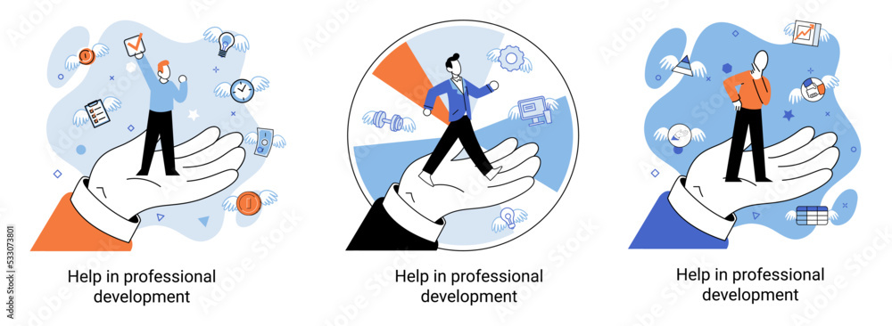Poster help in professional development metaphor. qualified employee training program. refresher course. hu