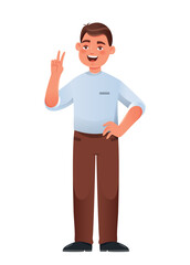 Positive young guy. Man shows two fingers and smiles. Welcoming and friendly character. Reaction for messengers. Emotions, gestures and expression. Mood and feelings. Cartoon flat vector illustration