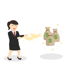 business woman secretary take a money with magic design character on white background