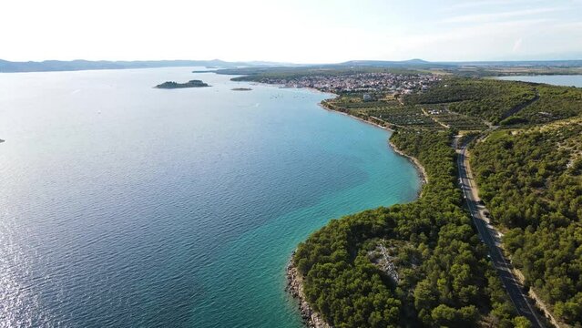Aerial view of a road driving along the coast near Zadar, Croatia.