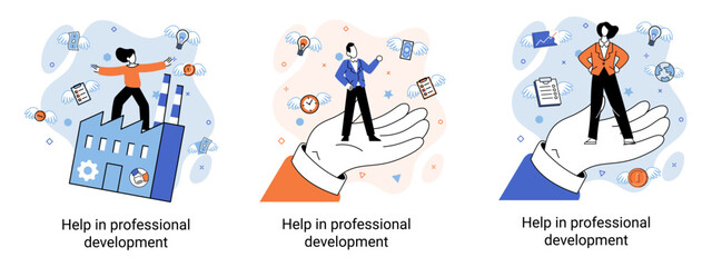 Help in professional development metaphor. Qualified employee training program. Refresher course. Human resource management organization. Business education workshop. School personality growth in team