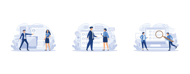 Fototapeta premium Human resources manager hiring employee or workers. HR management software, looking for job candidates. Employment, job search, set flat vector modern illustration