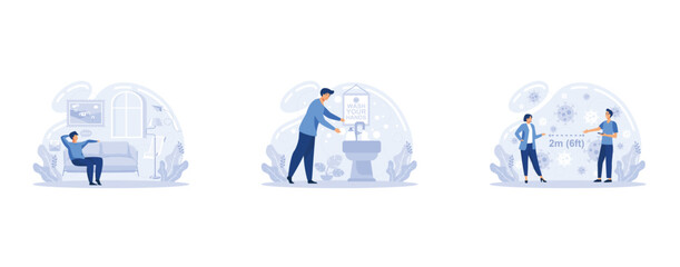 Covid19 outbreak, Stay at home, wash your hands, keep distance, hand sanitizer, self protection, wear mask, distance working, set flat vector modern illustration