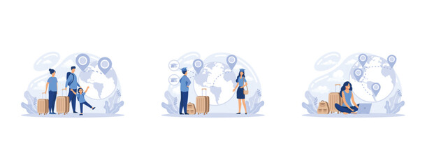 Human capital, International migration, brain drain, digital nomad, trained workers, buisness start up, leave country, set flat vector modern illustration - obrazy, fototapety, plakaty