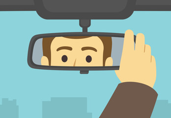 Male car driver adjusting rear view mirror in a car. Close-up of a driver looking at rear mirror. Flat vector illustration template.