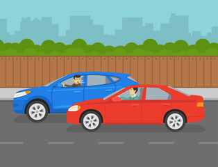 Obraz na płótnie Canvas Driving tips and traffic regulation. Aggressive male driver yelling at other driver on road. Road rage scene. Flat vector illustration template.